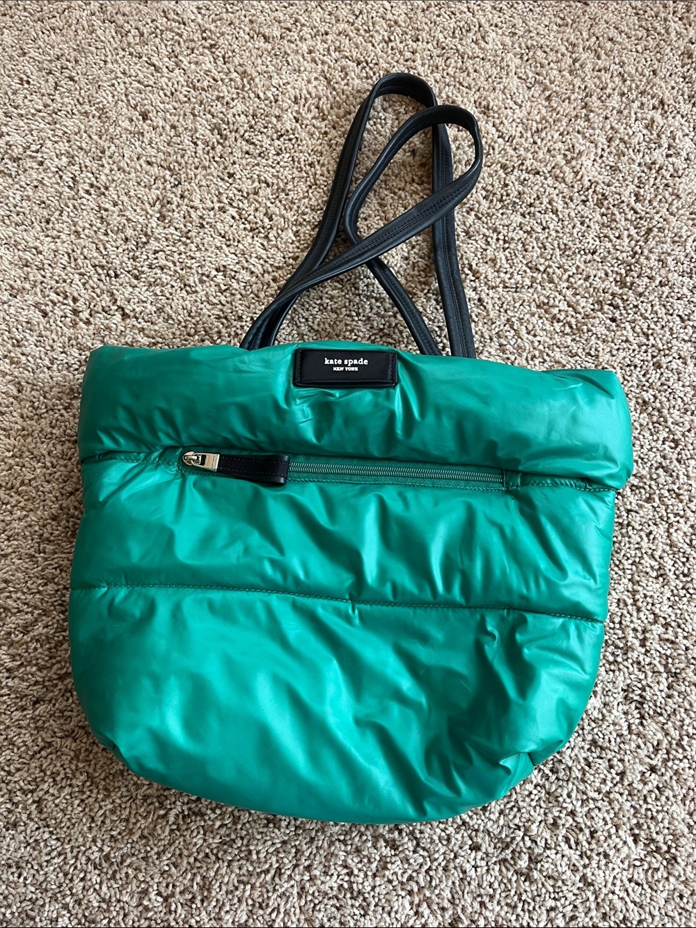 kate spade Green Quilted Puffer Tote with Black Straps